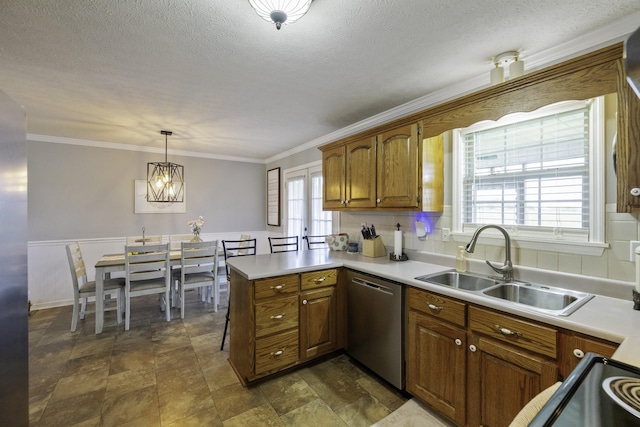 127 Fisherdale Dr, Decaturville, TN 38329 - kitchen with dishwasher, a peninsula, brown cabinetry, light countertops, and ornamental molding