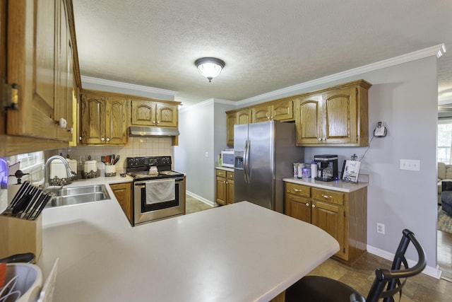 127 Fisherdale Dr, Decaturville, TN 38329 - kitchen with appliances with stainless steel finishes, under cabinet range hood, ornamental molding, a peninsula, and light countertops