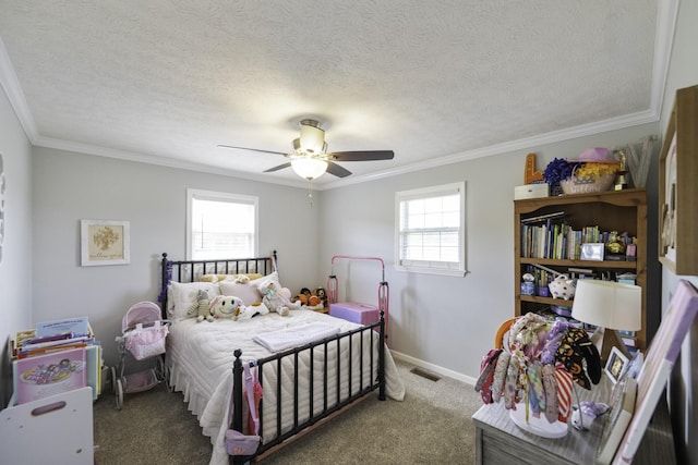 127 Fisherdale Dr, Decaturville, TN 38329 - carpeted bedroom featuring multiple windows, ornamental molding, and a ceiling fan