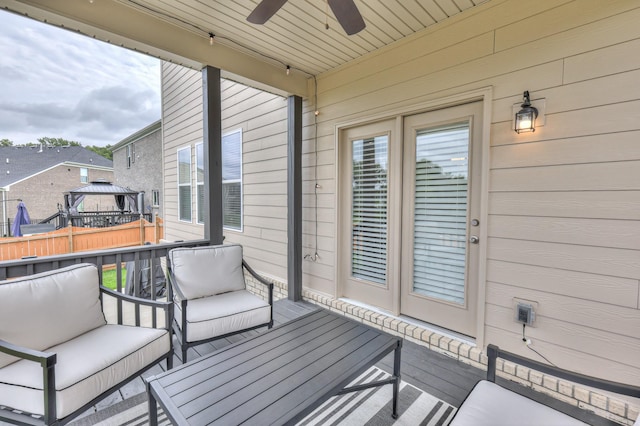 2064 Hedgelawn Dr, Lebanon, TN 37090 - wooden deck featuring a gazebo, outdoor lounge area, and a ceiling fan