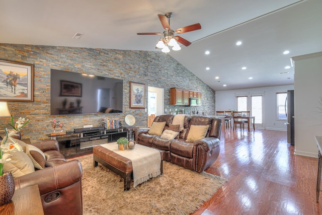 1005 Lark Ct, Spring Hill, TN 37174 - living area with lofted ceiling, wood finished floors, ceiling fan, and recessed lighting