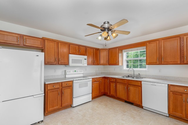 381 Bailey Ln, Pleasant View, TN 37146 - kitchen with white appliances, brown cabinets, light countertops, and a ceiling fan