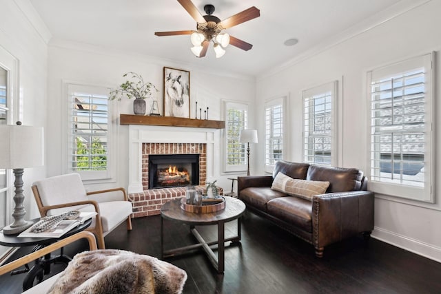 4376 Pretoria Run, Murfreesboro, TN 37128 - living room with dark wood finished floors, a fireplace, ceiling fan, and ornamental molding