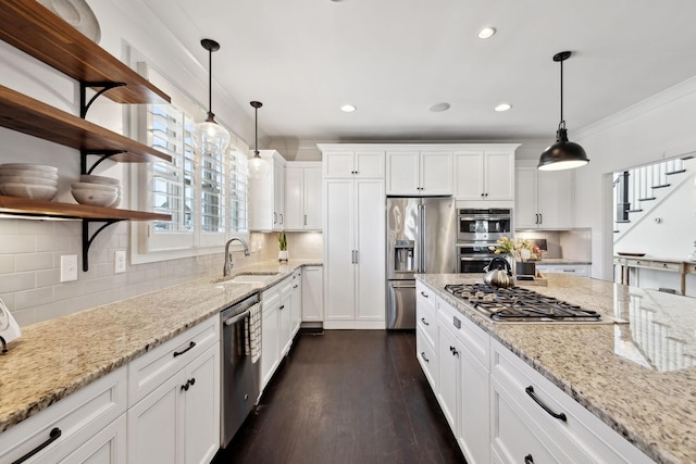 4376 Pretoria Run, Murfreesboro, TN 37128 - kitchen featuring stainless steel appliances, open shelves, recessed lighting, tasteful backsplash, and white cabinetry