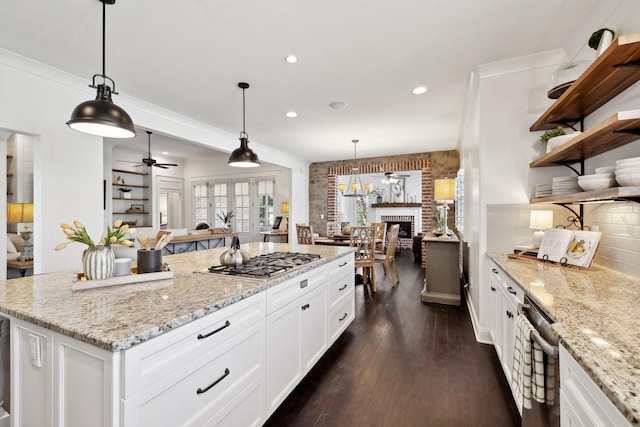 4376 Pretoria Run, Murfreesboro, TN 37128 - kitchen with appliances with stainless steel finishes, a ceiling fan, open shelves, open floor plan, and dark wood-style floors