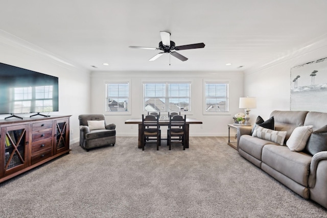 4376 Pretoria Run, Murfreesboro, TN 37128 - living room featuring a ceiling fan, crown molding, carpet, and recessed lighting