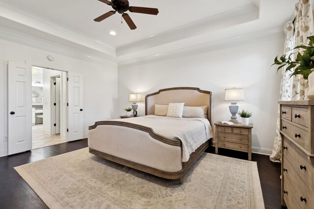 4376 Pretoria Run, Murfreesboro, TN 37128 - bedroom with a raised ceiling, recessed lighting, ornamental molding, dark wood-style flooring, and ceiling fan