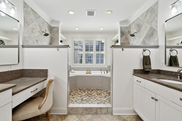 4376 Pretoria Run, Murfreesboro, TN 37128 - bathroom featuring two vanities, a walk in shower, a bath, and recessed lighting