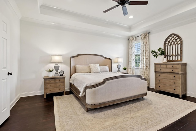 4376 Pretoria Run, Murfreesboro, TN 37128 - bedroom featuring a tray ceiling, dark wood-type flooring, recessed lighting, crown molding, and a ceiling fan