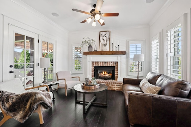 4376 Pretoria Run, Murfreesboro, TN 37128 - living area featuring plenty of natural light, hardwood / wood-style floors, a brick fireplace, a ceiling fan, and crown molding