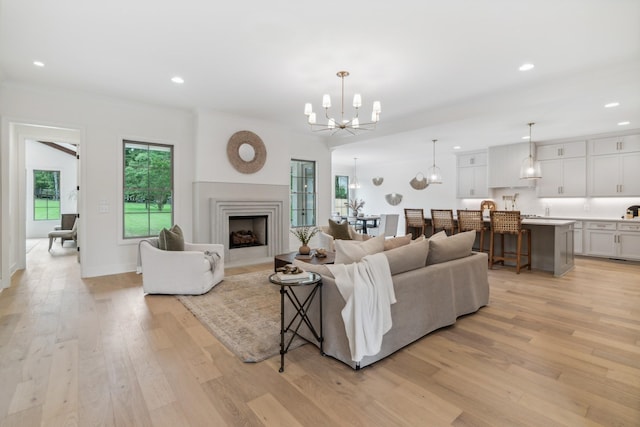 0 Horn Spgs, Lebanon, TN 37087 - living room with a chandelier, light wood-style flooring, a fireplace with flush hearth, and recessed lighting