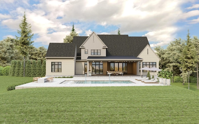 1706 Reflection Ln, Brentwood, TN 37027 - rear view of property featuring a patio area, an outdoor pool, a lawn, an outdoor hangout area, and board and batten siding