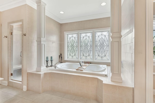 1660 Stokley Ln, Old Hickory, TN 37138 - full bathroom with decorative columns, a bath, tile patterned flooring, crown molding, and a shower stall