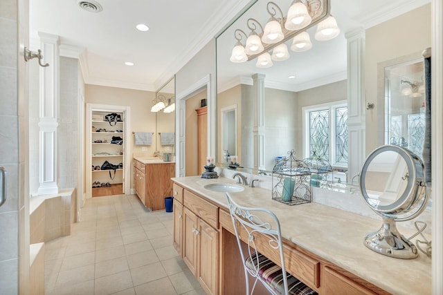 1660 Stokley Ln, Old Hickory, TN 37138 - full bathroom with decorative columns, vanity, tile patterned flooring, a stall shower, and crown molding