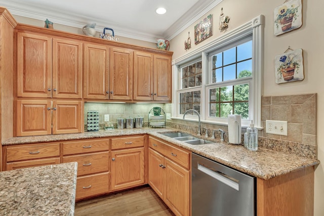 1660 Stokley Ln, Old Hickory, TN 37138 - kitchen with stainless steel dishwasher, backsplash, ornamental molding, light stone countertops, and light wood finished floors
