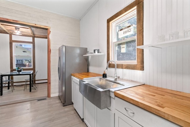584 Limestone Ave, Lewisburg, TN 37091 - kitchen with wooden counters, open shelves, light wood-type flooring, white cabinetry, and crown molding