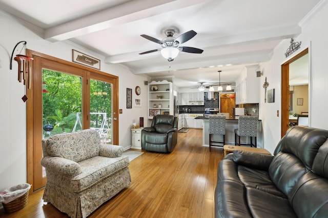 1148 Green Valley Dr, Lewisburg, TN 37091 - living room featuring ceiling fan, beam ceiling, and hardwood / wood-style floors