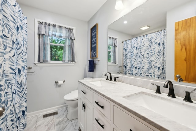 1148 Green Valley Dr, Lewisburg, TN 37091 - bathroom featuring double vanity, a shower with curtain, marble finish floors, and recessed lighting