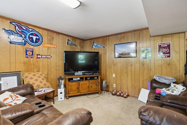 1148 Green Valley Dr, Lewisburg, TN 37091 - living room featuring wooden walls, light colored carpet, and crown molding