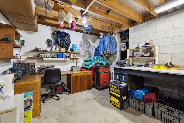 1148 Green Valley Dr, Lewisburg, TN 37091 - office area with concrete floors, a workshop area, and concrete block wall