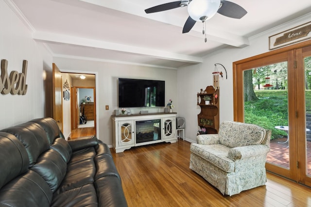 1148 Green Valley Dr, Lewisburg, TN 37091 - living area featuring beamed ceiling, wood finished floors, ceiling fan, and crown molding