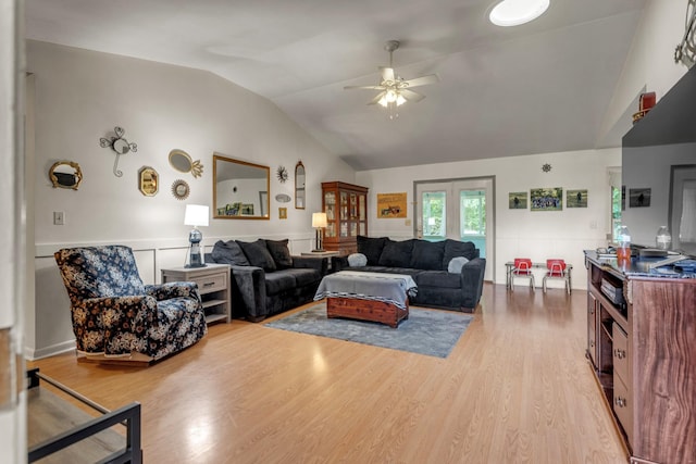 1530 Potter Dr, Columbia, TN 38401 - living room with lofted ceiling, a ceiling fan, wood finished floors, and wainscoting
