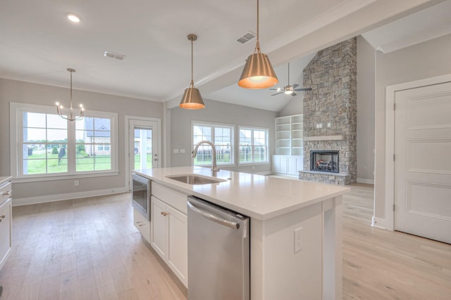 4016 Runyan Cv, Murfreesboro, TN 37127 - kitchen with appliances with stainless steel finishes, light wood-type flooring, lofted ceiling, a fireplace, and white cabinetry