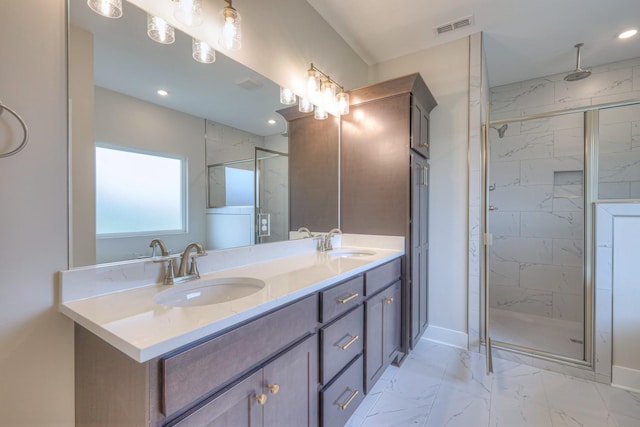 5560 Sinclair Ct, Murfreesboro, TN 37127 - full bathroom with marble finish floors, a marble finish shower, double vanity, and recessed lighting