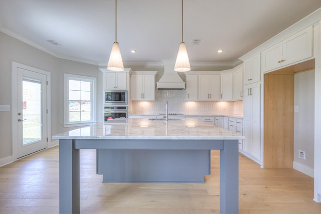 4113 Cile Ct, Murfreesboro, TN 37127 - kitchen with stainless steel appliances, custom exhaust hood, crown molding, white cabinetry, and decorative backsplash
