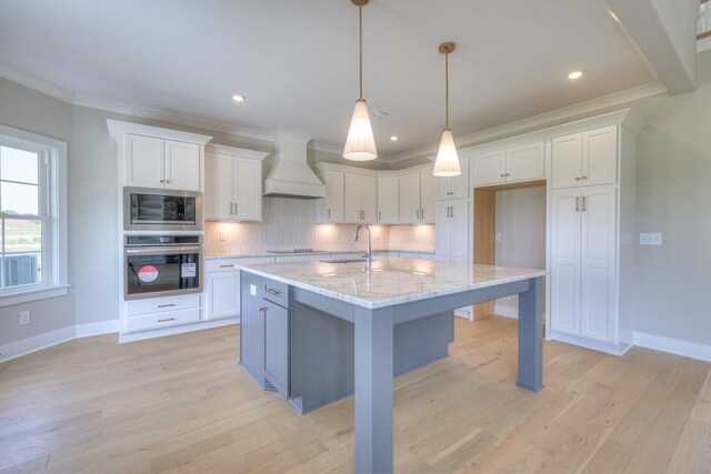 4113 Cile Ct, Murfreesboro, TN 37127 - kitchen with appliances with stainless steel finishes, premium range hood, crown molding, white cabinetry, and recessed lighting