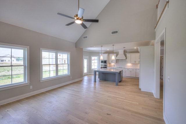 4113 Cile Ct, Murfreesboro, TN 37127 - kitchen with custom exhaust hood, appliances with stainless steel finishes, open floor plan, light wood-style flooring, and high vaulted ceiling