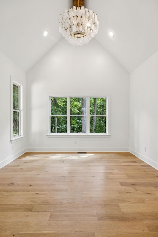 1007 Pheasant Ct, Kingston Springs, TN 37082 - unfurnished room featuring a chandelier, light wood-style flooring, high vaulted ceiling, and recessed lighting