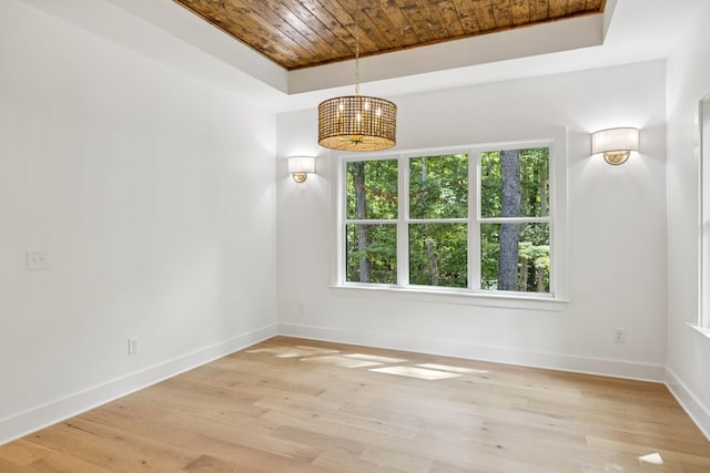 1007 Pheasant Ct, Kingston Springs, TN 37082 - unfurnished room with wooden ceiling, a tray ceiling, light wood-type flooring, and a chandelier