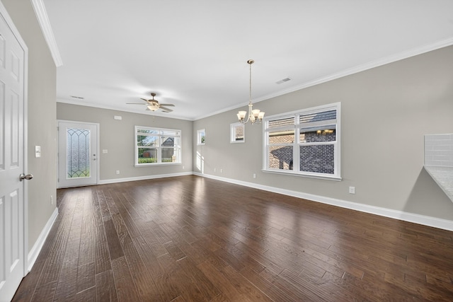 751 Pebble Creek Ln, Lebanon, TN 37090 - unfurnished living room featuring a chandelier, a ceiling fan, dark wood finished floors, and crown molding