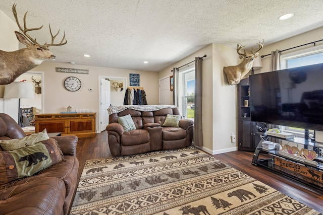 906 Freeman St, Lafayette, TN 37083 - living room featuring a textured ceiling, dark wood-style floors, and recessed lighting