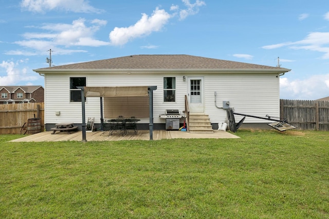 906 Freeman St, Lafayette, TN 37083 - back of house with entry steps, a fenced backyard, a deck, and a pergola