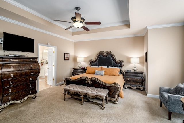 4305 Minette Ct, Mount Juliet, TN 37122 - carpeted bedroom with crown molding, a raised ceiling, connected bathroom, and ceiling fan