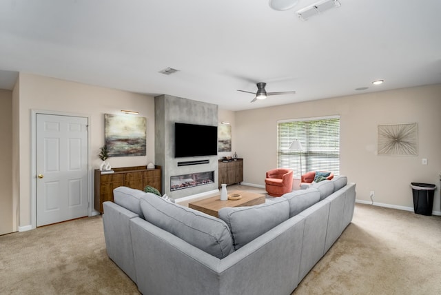 4305 Minette Ct, Mount Juliet, TN 37122 - living area with light carpet, a fireplace, and a ceiling fan