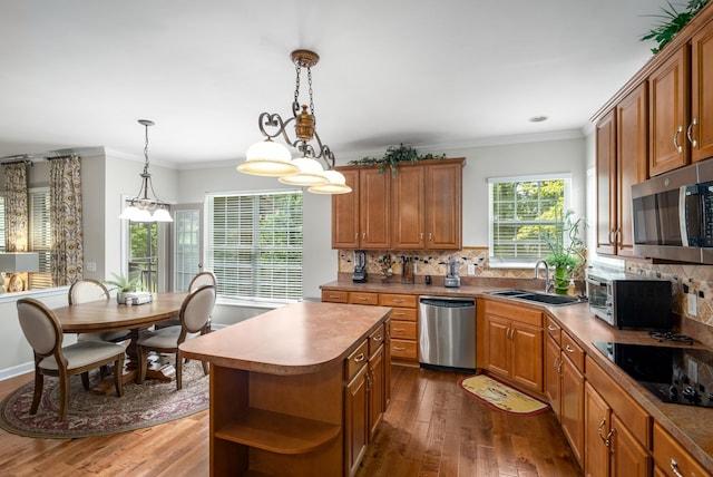 4305 Minette Ct, Mount Juliet, TN 37122 - kitchen featuring appliances with stainless steel finishes, open shelves, wood-type flooring, decorative backsplash, and ornamental molding