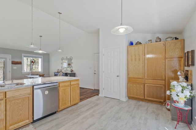 7115 Littlejohn Ln, Fairview, TN 37062 - kitchen with dishwasher, vaulted ceiling, light wood-style floors, hanging light fixtures, and light stone counters