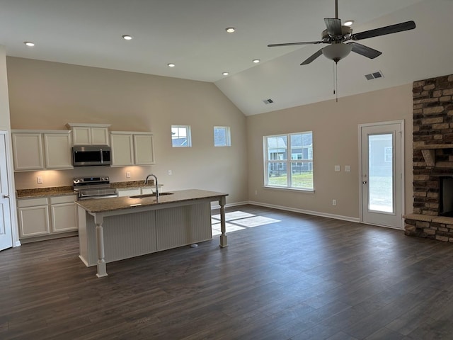 1004 Wiseman Farm Rd, Fairview, TN 37062 - kitchen with stainless steel appliances, healthy amount of natural light, a breakfast bar, a ceiling fan, and high vaulted ceiling