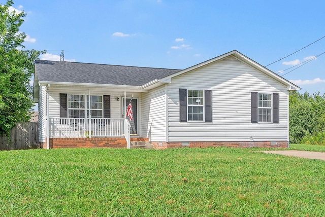 344 Pioneer Dr, Oak Grove, KY 42262 - ranch-style house with crawl space, covered porch, a front lawn, and a shingled roof