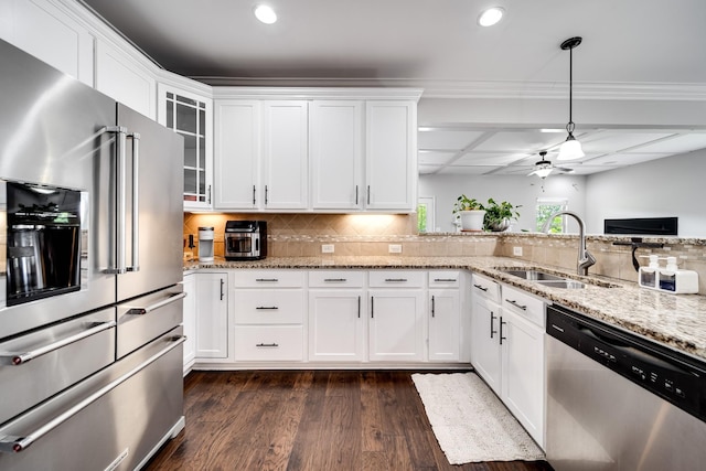 230 Fowler Cir, Franklin, TN 37064 - kitchen featuring stainless steel appliances, recessed lighting, dark wood-style flooring, a ceiling fan, and light stone countertops