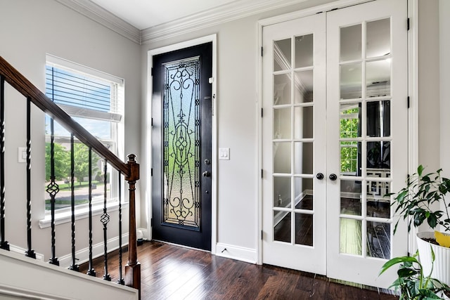 230 Fowler Cir, Franklin, TN 37064 - foyer with stairs, french doors, dark wood-style floors, and crown molding
