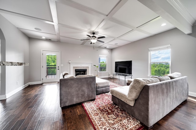 230 Fowler Cir, Franklin, TN 37064 - living room with a fireplace, plenty of natural light, coffered ceiling, ceiling fan, and beamed ceiling