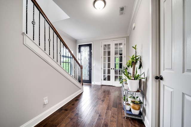 230 Fowler Cir, Franklin, TN 37064 - entryway featuring french doors, ornamental molding, stairs, and hardwood / wood-style flooring