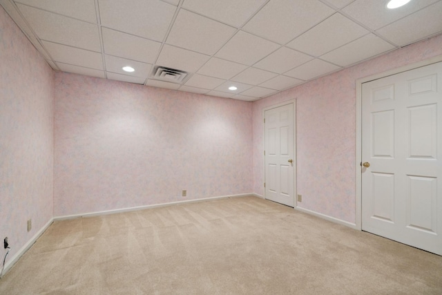 7023 Timber Oak Dr, Mount Juliet, TN 37122 - empty room featuring light colored carpet, a paneled ceiling, recessed lighting, and wallpapered walls