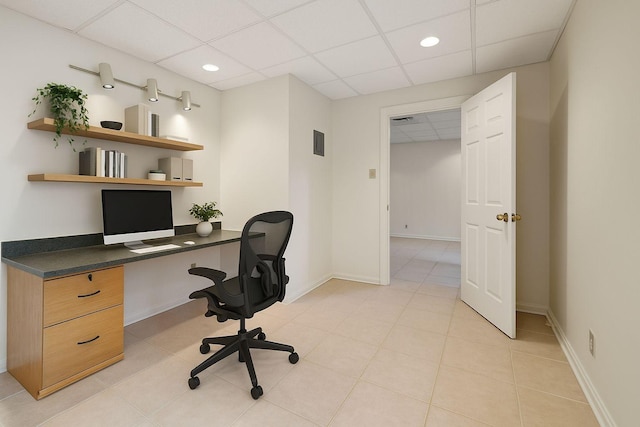 7023 Timber Oak Dr, Mount Juliet, TN 37122 - home office with a paneled ceiling, built in desk, light tile patterned floors, and recessed lighting