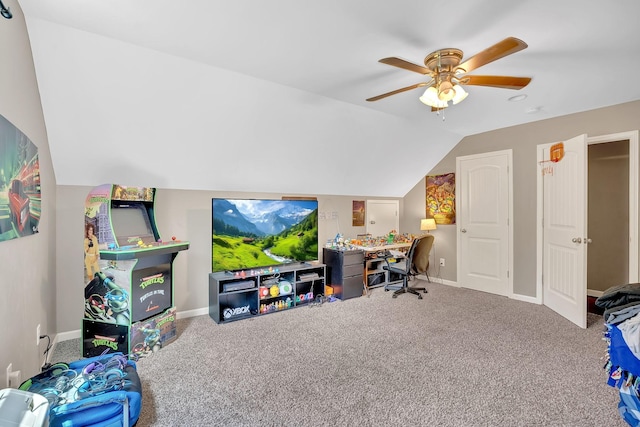 1105 Smiley Troutt Rd, Bethpage, TN 37022 - playroom featuring ceiling fan, carpet flooring, lofted ceiling, and an office area