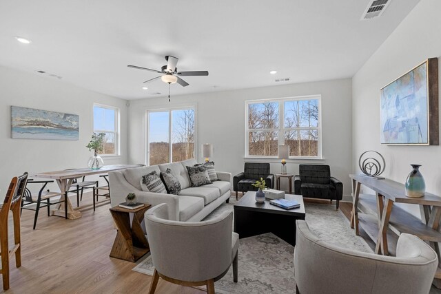 6051 Mill Tree Ct, Nashville, TN 37221 - living area featuring light wood-style flooring, ceiling fan, and recessed lighting